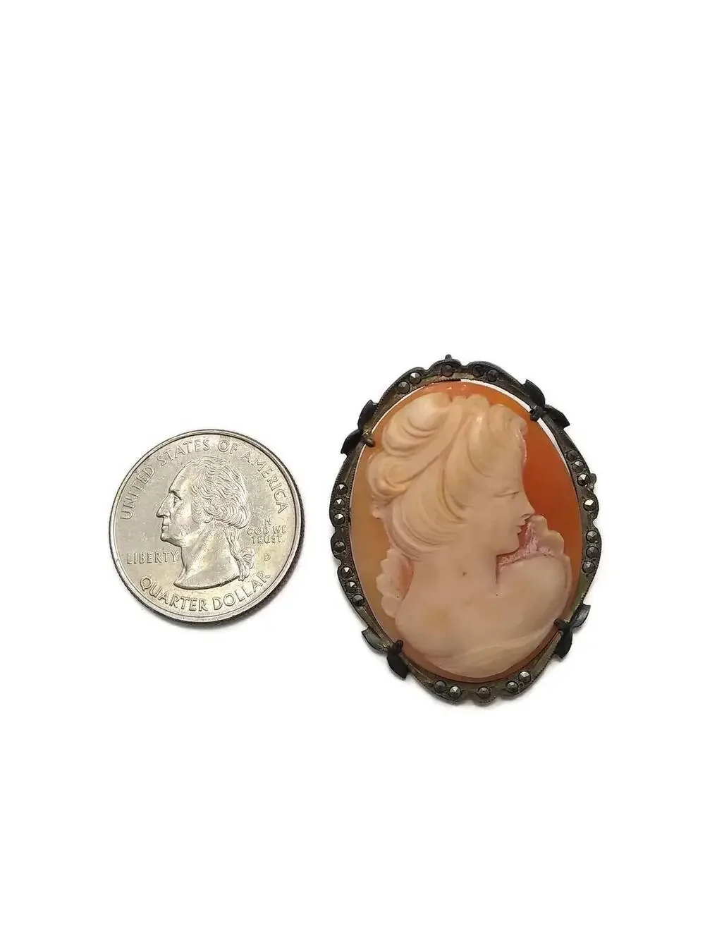 Antique Carved Shell Cameo Brooch Pendant, 800 Silver, Carved Shell. Marcasite.